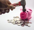 a pile of pink pig coins lying on top A hand holding a hammer is pounding a pink pig. The concept of economic depression. Royalty Free Stock Photo