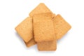 Pile of plain biscuits on white background.