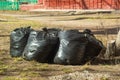 Pile of plastic garbage bags on the side of the road. Garbage bags on the street. Black waste bags. Royalty Free Stock Photo