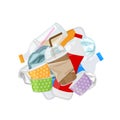 Pile of plastic waste dump isolated on white background, plastic bottle garbage waste, plastic waste glass and paper cup garbage