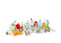 A pile of plastic waste on a white background consists of plastic bottles, boxes and plastic glasses. Garbage pollution illustrati Royalty Free Stock Photo