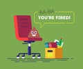 Pile of Poo emoji is sitting on a chair and speak YOU& x27;RE FIRED. Funny concept of unemployment. Comic illustration