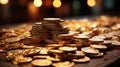 A Pile of Pure Gold Coins The Coins Are Ancient Chinese Gold Coins Focused Foreground Royalty Free Stock Photo