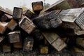 Pile of railroad cross ties ends of lumber Royalty Free Stock Photo