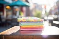 pile of rainbowcolored napkins on a caf table in sunshine