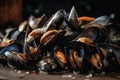 Pile Of Raw Mussels On Ice. Generative AI