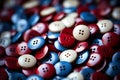 Pile of red, blue and white buttons. Shallow depth of field Royalty Free Stock Photo