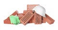 Pile of red bricks, hard hat and gloves on white background Royalty Free Stock Photo