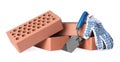 Pile of red bricks, trowel and gloves on white background