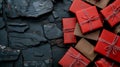 A pile of red and brown wrapped presents on a stone wall Royalty Free Stock Photo