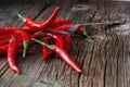 Pile of red chili pepper on fork lay on rustic table