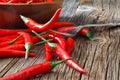 Pile of red chili pepper on fork lay on rustic table
