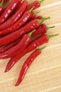 Pile of red chili peppers on a bamboo kitchen mat closeup vertical