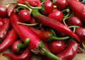 Pile red hot peppers on wooden table close up. Hot peppers background. Cherry peppers and Italian Long Hots