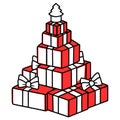 A pile of red wrapped presents in the shape of a Christmas tree Royalty Free Stock Photo