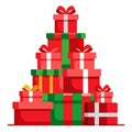 A pile of red wrapped presents in the shape of a Christmas tree Royalty Free Stock Photo