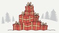 A pile of red wrapped presents in the shape of a Christmas tree Royalty Free Stock Photo