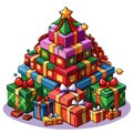 A pile of red wrapped presents in the shape of a Christmas tree Royalty Free Stock Photo