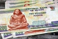 Pile of reverse side of 200 LE two hundred Egyptian pounds banknote features the ancient seated scribe