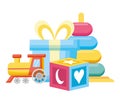 pile rings and block with train baby toys icons Royalty Free Stock Photo