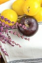 Pile of ripe juicy organic yellow red plums bouquet of lavender flowers on white cotton towel. Autumn fall Produce. Vivid Colors Royalty Free Stock Photo