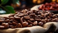 Pile of roasted coffee beans resting on a rustic burlap cloth, with a subtle backdrop of green leaves and red cherries