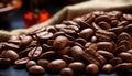 Pile of roasted coffee beans resting on a rustic burlap cloth, with a subtle backdrop of green leaves and red cherries