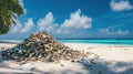 A pile of rocks sits on a beach next to the ocean Royalty Free Stock Photo