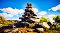 Pile of rocks sitting on top of lush green hillside under blue sky. Generative AI Royalty Free Stock Photo