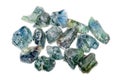 A pile of rough uncut light blue green sapphires