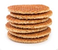 Pile of round dutch waffles with caramel isolated on white background Royalty Free Stock Photo