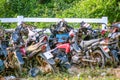 The pile rusty motorcycles in the junkyard