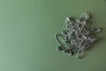 Pile of safety pins on green background, flat lay. Space for text Royalty Free Stock Photo