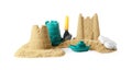 Pile of sand with beautiful castles and plastic toys isolated on white Royalty Free Stock Photo