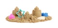 Pile of sand with beautiful castles, plastic toys and shell isolated on white Royalty Free Stock Photo
