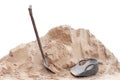 Pile of sand, shovel and clam-shell shaped basket in construction site isolated on white background.