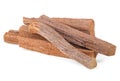 Pile of sandalwood sticks isolated on white background. Chandan or sandalwood. Perfume