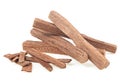 Pile of sandalwood sticks isolated on white background. Chandan or sandalwood. Perfume