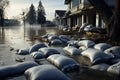 Pile of sandbags in the flood. Flooding the city, Flood Protection Sandbags with flooded homes in the background, AI Generated