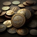 A pile of scattered coins with inscriptions. A pile of coins Royalty Free Stock Photo
