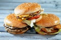 Pile of sesame buns of fried breaded chicken fillet patties, crisp lettuce, melting cheese, onions and sauce, juicy thick double Royalty Free Stock Photo