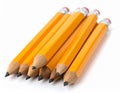 Pile of Seven Yellow Pencils with Sharpened Tips and Pink Erasers on White Background writing Royalty Free Stock Photo