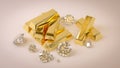 pile of shiny gold bars and luxury diamonds - 3d render of precious metals for rich and wealthy people in bright studio background Royalty Free Stock Photo