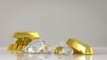 pile of shiny gold bars and luxury diamonds - 3d render of precious metals for rich and wealthy people in bright studio background Royalty Free Stock Photo