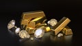 pile of shiny gold bars and luxury diamonds - 3d render of precious metals for rich and wealthy people in dark studio background Royalty Free Stock Photo