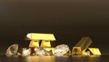 pile of shiny gold bars and luxury diamonds - 3d render of precious metals for rich and wealthy people in dark studio background Royalty Free Stock Photo