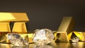 pile of shiny gold bars and luxury diamonds - 3d render of precious metals for rich and wealthy people in dark studio background Royalty Free Stock Photo