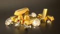 pile of shiny gold bars and luxury diamonds - 3d render of precious metals for rich and wealthy people in dark studio background Royalty Free Stock Photo