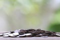 Pile silver coin on a wood floor.