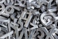 Pile of silver metal alphabet characters cutted by waterjet machine